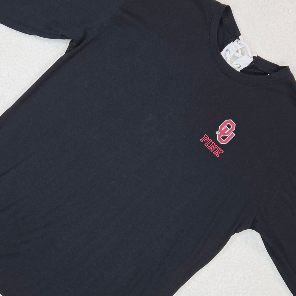 Victoria's Secret PINK OU Sooners Long Sleeve Lace Back Shirt L Black